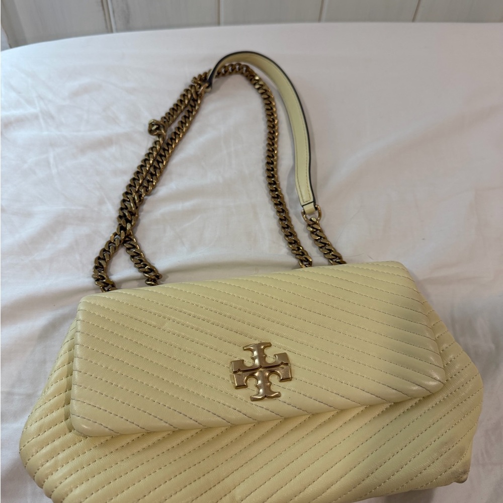 Tory Burch Quilted Leather Shoulder Bag in Light Yellow with Gold Hardware